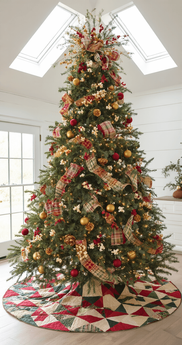 Traditional Christmas Tree Decor: Creating a Timeless Holiday Centerpiece Bright midday scene of a modern farmhouse great room featuring an 8-foot traditional artificial tree decorated with red, green, and gold ornaments, popcorn garlands, and dried orange slices, all set on a vintage quilt tree skirt. Natural light from skylights enhances the layered decorations, captured from a slightly elevated angle with soft fill light reflecting off white walls.