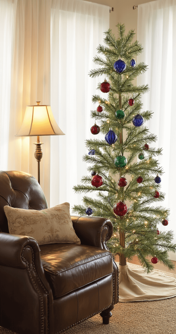 Traditional Christmas Tree Decor: Creating a Timeless Holiday Centerpiece Cozy reading nook with a 6-foot slim pencil tree beside a leather armchair, adorned with jewel-toned blown glass ornaments and an antique brass tree collar. Warm golden hour light filters through sheer curtains, with a practical lamp casting a soft glow, creating an intimate evening atmosphere.