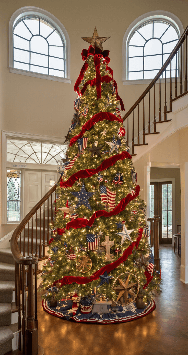 Traditional Christmas Tree Decor: Creating a Timeless Holiday Centerpiece A grand two-story foyer featuring a 15-foot Americana-themed Christmas tree adorned with vintage patriotic ornaments and wooden stars, wrapped in red velvet ribbon. The image is taken from the second-story landing, showcasing the dramatic side lighting created by early morning light streaming through transom windows, highlighting the tree and wraparound staircase.