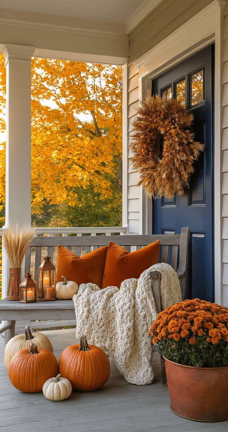 Cozy Fall Front Porch Decor: Your Ultimate Guide to Autumn's Most Inviting Entrance A warm autumn scene featuring a cozy covered front porch with a vintage wooden bench adorned with cream throws and burnt orange pillows, surrounded by heirloom pumpkins and copper lanterns. A rustic wreath decorates a navy blue door, while terracotta mums in copper tones enhance the entrance. The image is taken at golden hour, showcasing soft backlighting that highlights the textures.