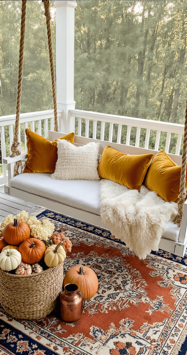 Cozy Fall Front Porch Decor: Your Ultimate Guide to Autumn's Most Inviting Entrance Bird's eye view of a 6x10ft porch swing scene in late afternoon light, featuring a distressed white wooden swing with thick manila rope, adorned with an ivory sheepskin throw and mustard velvet cushions, set above a vintage Turkish rug in terracotta, navy, and cream, alongside an oversized woven basket of pumpkins and an industrial side table with a copper vessel of dried hydrangeas, capturing geometric patterns.