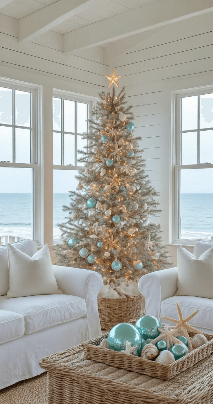The Ultimate Guide to Christmas Trees: Bringing Holiday Magic Home Coastal living room featuring whitewashed shiplap walls, a decorated 7ft artificial tree, white slipcovered furniture, and ocean views at blue hour, illuminated by natural seaside light and warm tree lights.