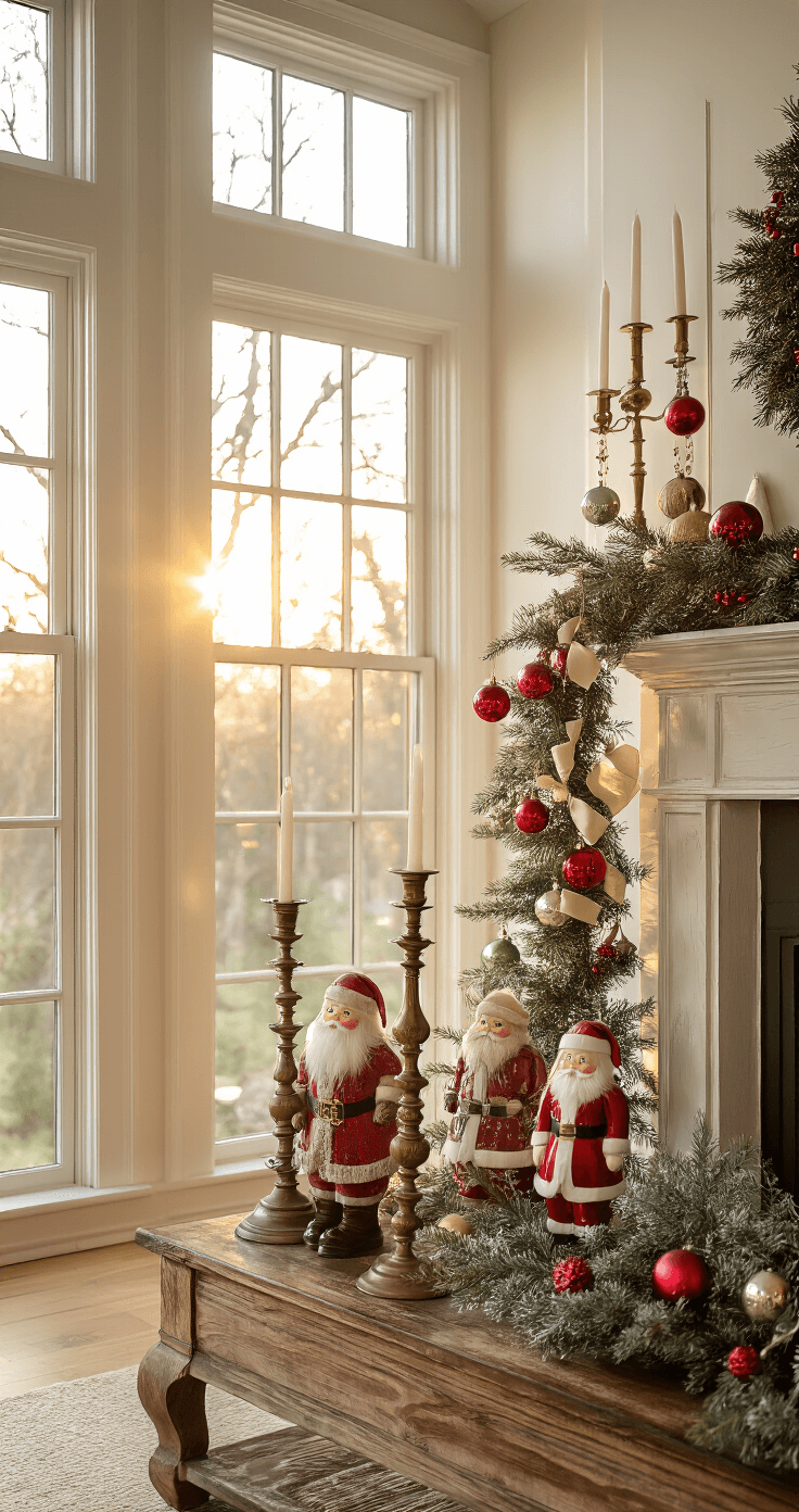 Vintage Christmas Decor: A Nostalgic Journey Through Holiday Magic A sunlit living room featuring a weathered pine mantel adorned with mercury glass ornaments and vintage Shiny Brite ornaments, complemented by antique paper mache Santas and frosted bottle brush trees, all illuminated by golden hour light while showcasing window light bokeh.