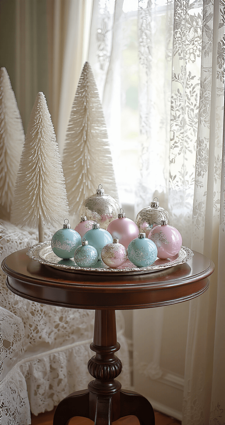 Vintage Christmas Decor: A Nostalgic Journey Through Holiday Magic A corner vignette in a Victorian parlor with morning light filtering through lace curtains, featuring an antique mahogany side table adorned with pastel pink and blue hand-painted German glass ornaments, a tarnished silver tray, and staggered ivory bottle brush trees dusted with mica snow, captured at a 45-degree angle to emphasize intricate details and atmospheric depth.