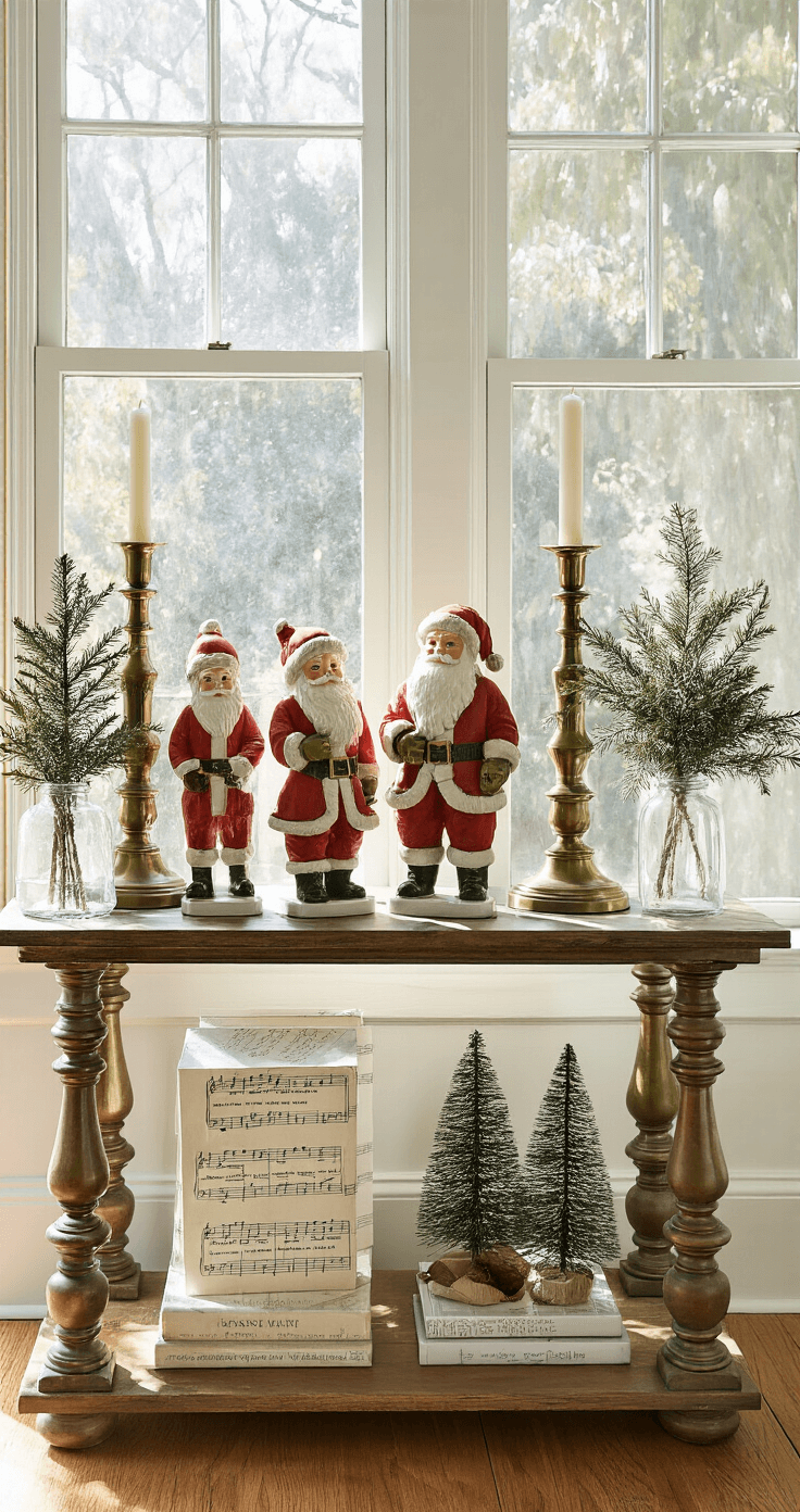 Vintage Christmas Decor: A Nostalgic Journey Through Holiday Magic A mid-morning lit entry hall vignette featuring a console table with a collection of 1940s chalk-ware Santas, brass candlesticks with aged velvet ribbon, milk glass vases with preserved cedar, and paper trees made from vintage sheet music, captured from above to highlight the layered arrangement.