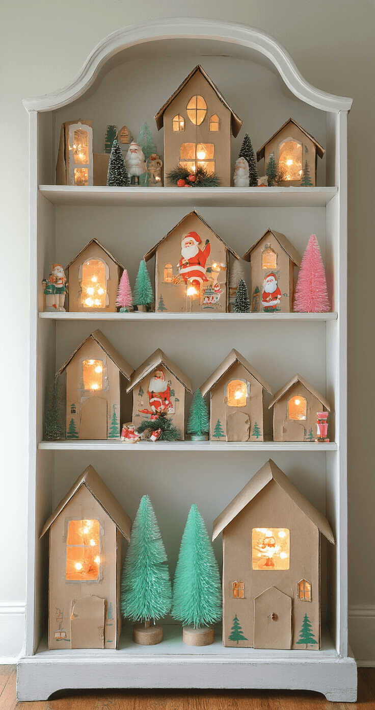 Vintage Christmas Decor: A Nostalgic Journey Through Holiday Magic A child's bedroom bookshelf transformed into a holiday display featuring vintage cardboard Christmas houses with glowing LED lights, colorful 1950s plastic light-up Santas of varied heights, and mint green and pink bottle brush trees, all captured in soft afternoon light from a child's eye level.