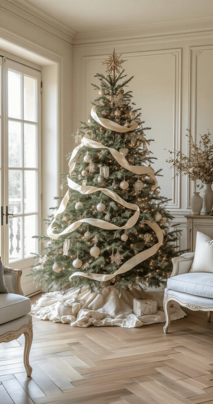 The Ultimate Guide to Christmas Trees: Bringing Holiday Magic Home A cozy French country family room featuring herringbone wood floors and cream plastered walls, adorned with an 8ft Noble fir tree decorated with vintage mercury glass, cream satin ribbons, and gilded natural accents. The scene is illuminated by soft white lights and morning sunlight streaming through French doors, with Provençal furniture in faded blue and antique white framing the tree.