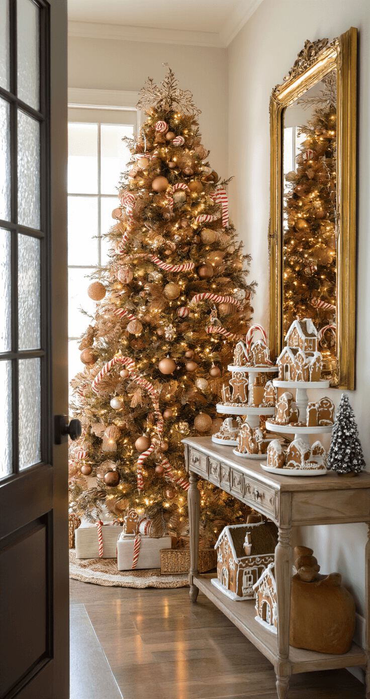 Magical Gingerbread Christmas Decor: Transform Your Home into a Festive Wonderland A warm and inviting festive entryway featuring a grand gingerbread-themed Christmas tree, vintage console table with gingerbread house collection, and warm-toned fairy lights, all illuminated by morning light filtering through a frosted glass door.