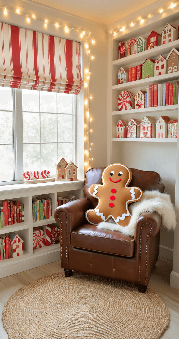 Magical Gingerbread Christmas Decor: Transform Your Home into a Festive Wonderland A cozy children's reading nook featuring a plush brown leather chair with a faux fur throw and oversized gingerbread man pillow, surrounded by colorful candy-themed books on a built-in bookshelf, under soft afternoon light with candy cane striped roman shades, a round jute rug, and string lights, all captured from a child's eye level.