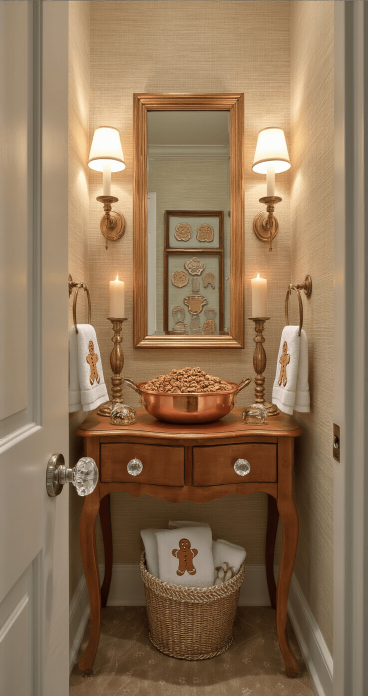 Magical Gingerbread Christmas Decor: Transform Your Home into a Festive Wonderland A gingerbread-themed powder room featuring ambient lighting from sconces, a vintage vanity with gingerbread-spice potpourri in a copper bowl, and LED candlesticks. The room displays framed vintage cookie cutters on grasscloth wallpaper, hand towels with embroidered gingerbread motifs, and crystal knobs that catch the light, all captured in a shot from the doorway reflecting in the mirror, exuding an intimate, elegant, and surprising atmosphere.