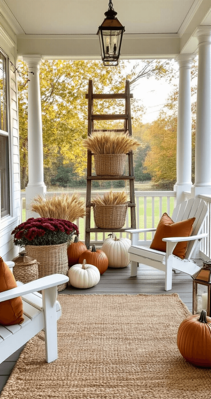 Cozy Fall Porch Decor: Transform Your Entryway with Autumn Charm Wide-angle view of a spacious farmhouse porch adorned for fall, featuring a vintage ladder with baskets of dried wheat and burgundy chrysanthemums, surrounded by colorful pumpkins, copper lanterns, and textured jute rugs, all illuminated by bright morning light.