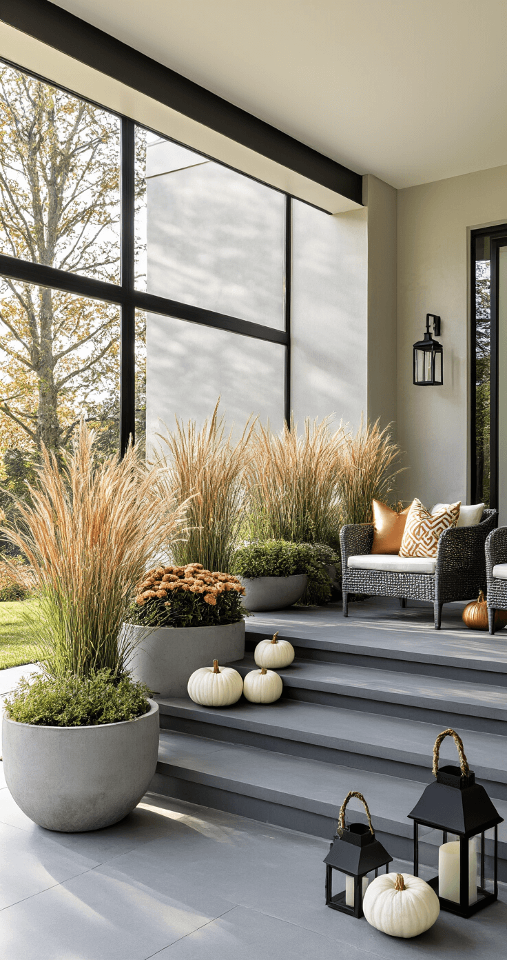 Cozy Fall Porch Decor: Transform Your Entryway with Autumn Charm Early morning light enhances a contemporary porch featuring clean lines, modern concrete planters with ornamental grasses and mums, a minimalist arrangement of pumpkins on charcoal steps, geometric pattern throw pillows on grey woven chairs, oversized black lanterns, and reflective glass walls, creating an ethereal atmosphere.
