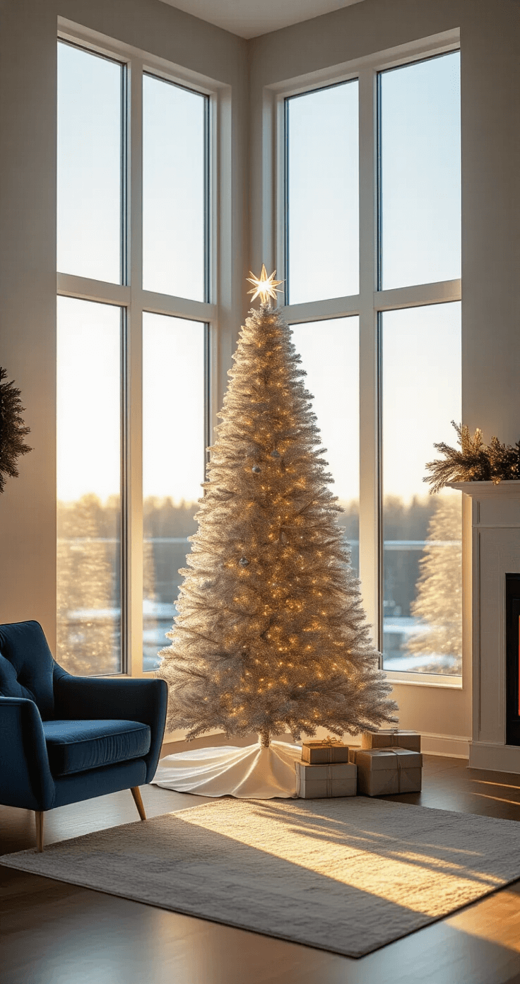 Christmas Tree Decorating in 2025: The Ultimate Guide to Festive Flair A spacious living room corner features a 7-foot silver pop-up Christmas tree illuminated by warm golden hour sunlight streaming through floor-to-ceiling windows. The modern tree contrasts with a warm grey wall, while a deep blue velvet mid-century modern armchair enhances the scene. The image captures the interplay of light and reflections with a soft depth of field.