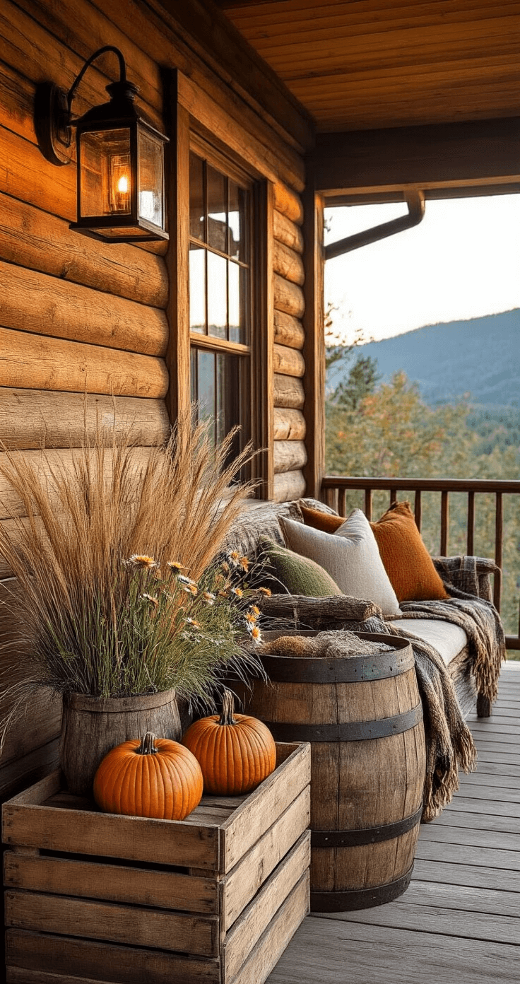 Cozy Fall Porch Decor: Transform Your Entryway with Autumn Charm A cozy cabin porch adorned with natural cedar shakes, featuring a distressed wooden barrel with native grasses and wild asters, heritage pumpkins in rustic crates, and warm handwoven wool blankets on log furniture, all illuminated by oil lanterns during golden hour, with a mountain vista in the background.