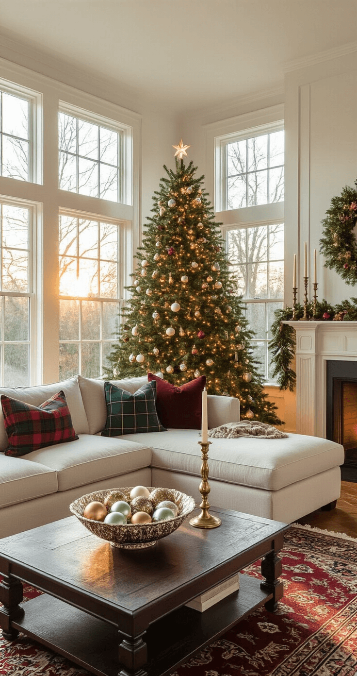 Transforming Your Home into a Christmas Wonderland: A Comprehensive Styling Guide A spacious living room at golden hour, featuring a 9ft noble fir Christmas tree with vintage ornaments, a cream sectional with plaid pillows, a dark wood coffee table with a crystal bowl of ornaments, and brass candlesticks on the mantel, all set on herringbone hardwood floors with a vintage Persian rug.