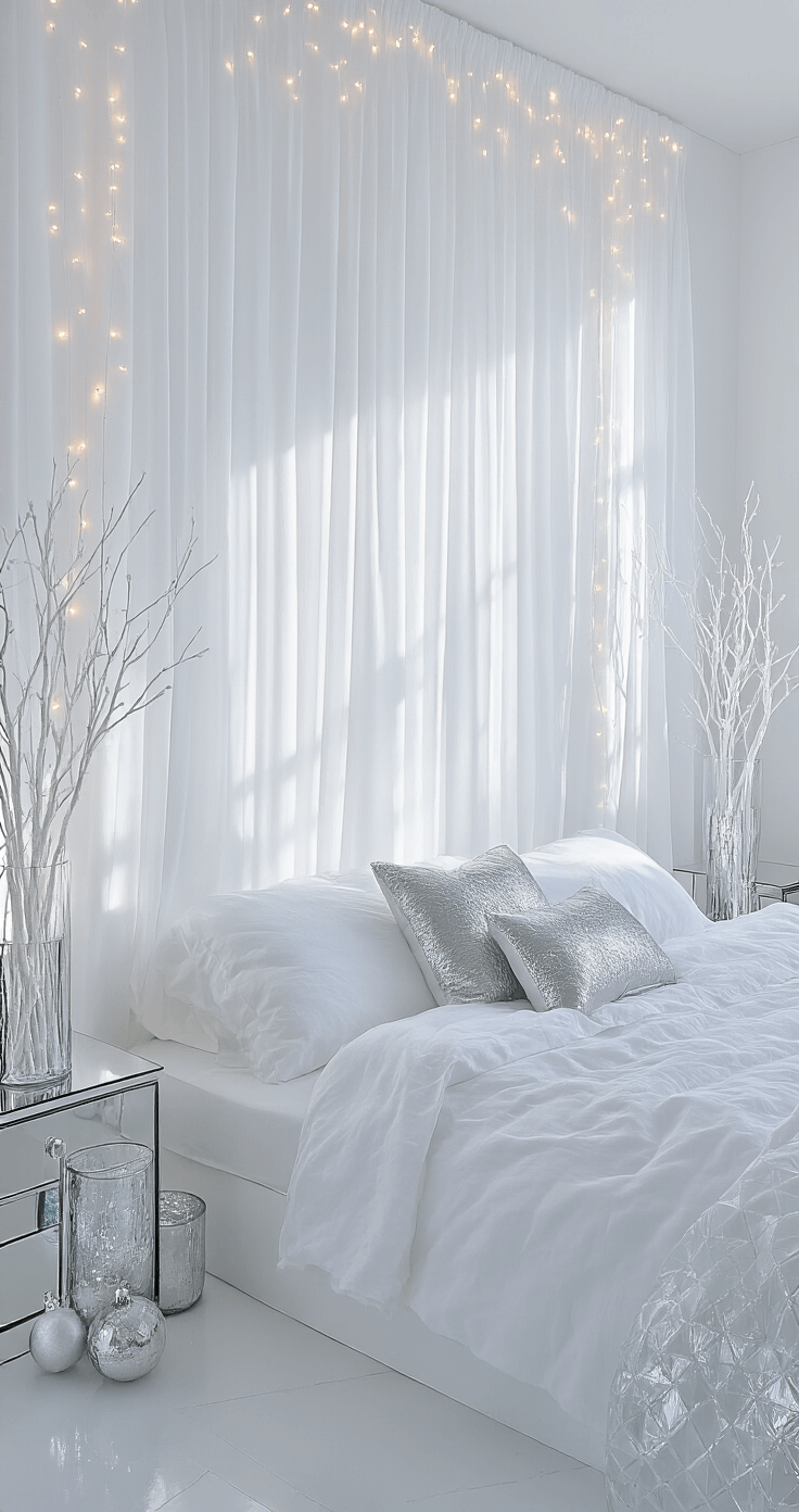Transforming Your Home into a Christmas Wonderland: A Comprehensive Styling Guide A modern minimalist bedroom featuring a king-size platform bed with white linens and silver pillows, illuminated by morning light and draped in sheer white curtains, adorned with frosted branches, mercury glass ornaments, and cool white LED string lights.