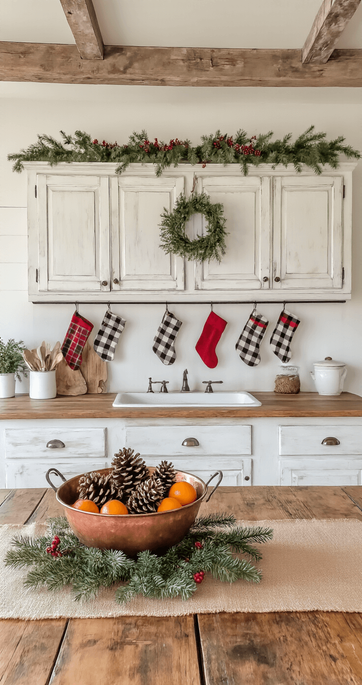 Transforming Your Home into a Christmas Wonderland: A Comprehensive Styling Guide A rustic farmhouse kitchen with exposed wooden beams, featuring distressed white cabinets decorated with pine garland and red berries. A reclaimed wood island is laid out with a natural burlap runner, showcasing a vintage copper bowl filled with pinecones and oranges. Buffalo check stockings hang from open shelving, illuminated by warm afternoon light and mixed twinkle lights, emphasizing layered textures throughout the space.