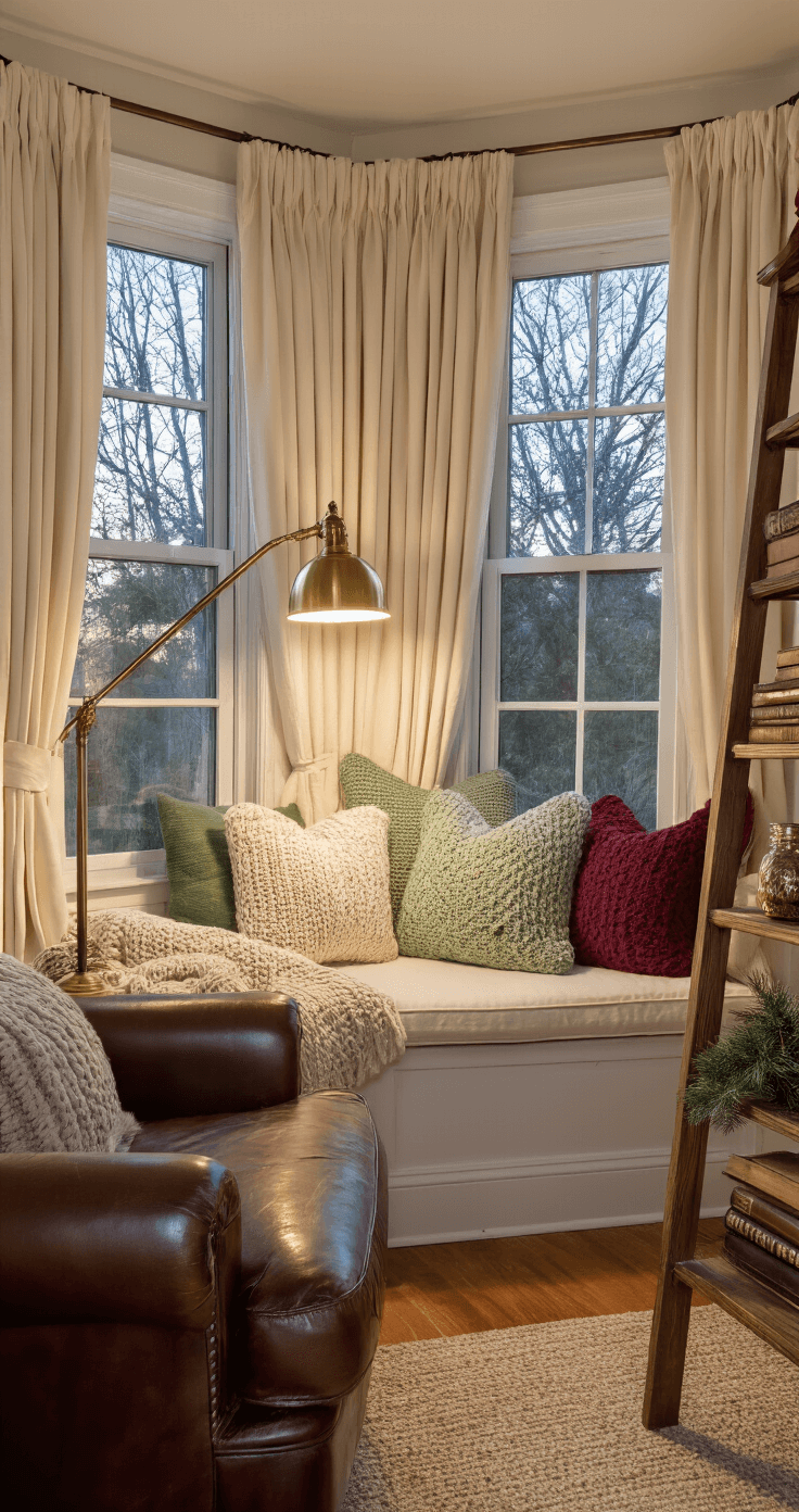 Transforming Your Home into a Christmas Wonderland: A Comprehensive Styling Guide A cozy reading nook features a bay window with cream curtains, a window seat adorned with knit pillows in cream, sage, and burgundy, a vintage brass floor lamp illuminating a leather armchair, and a wooden ladder shelf filled with vintage books and decor, all bathed in twilight light.
