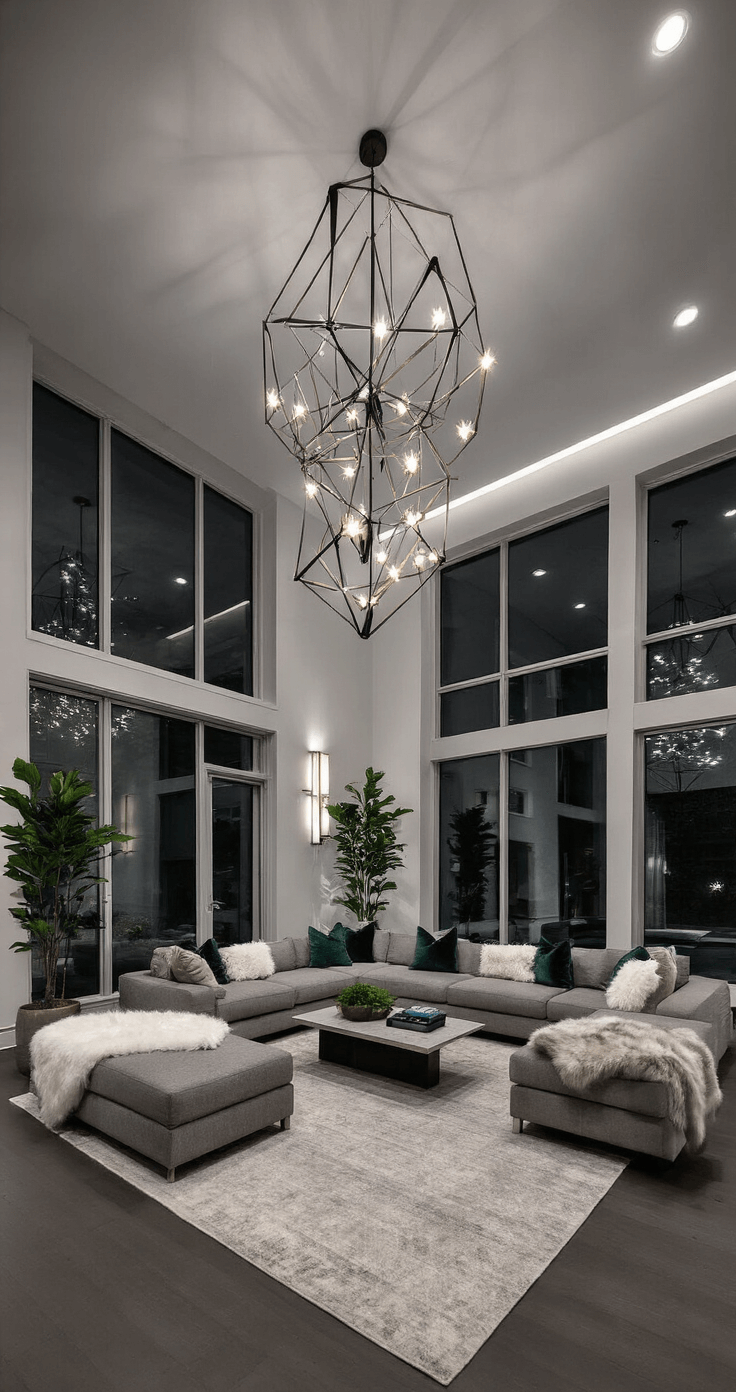 Transforming Your Home into a Christmas Wonderland: A Comprehensive Styling Guide Contemporary great room at night with 12ft ceilings, modern chandelier, grey palette, metallic accents, and greenery, featuring floor-to-ceiling windows reflecting tree lights and a modular sectional adorned with faux fur throws and velvet pillows.