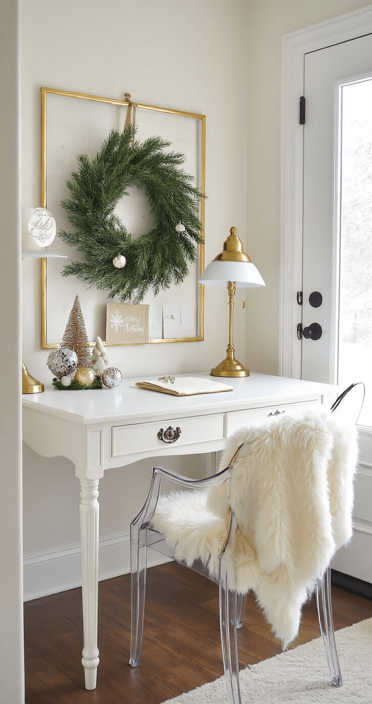 Transforming Your Home into a Christmas Wonderland: A Comprehensive Styling Guide Intimate home office corner with natural light through French doors, featuring a white desk with a brass lamp, mini tree, vintage ornaments, and a ghost chair draped with cream faux fur, alongside a gold-framed pinboard displaying holiday cards.