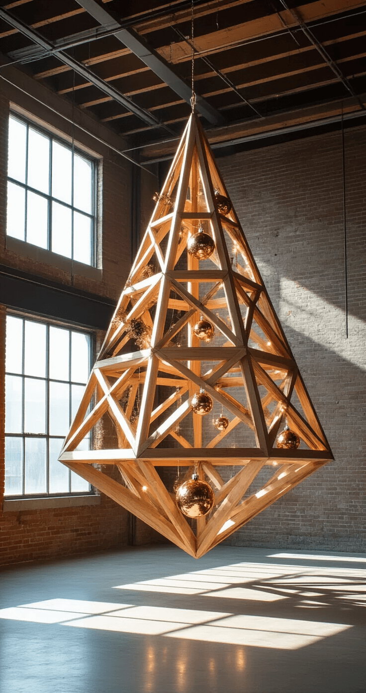 Christmas Tree Decorating in 2025: The Ultimate Guide to Festive Flair A dramatic wooden geometric Christmas tree installation suspended from a high industrial loft ceiling, illuminated by afternoon light with shadows cast through its minimalist structure, featuring raw pine elements, polished copper ornaments, and tiny LED spots, viewed from a low angle.