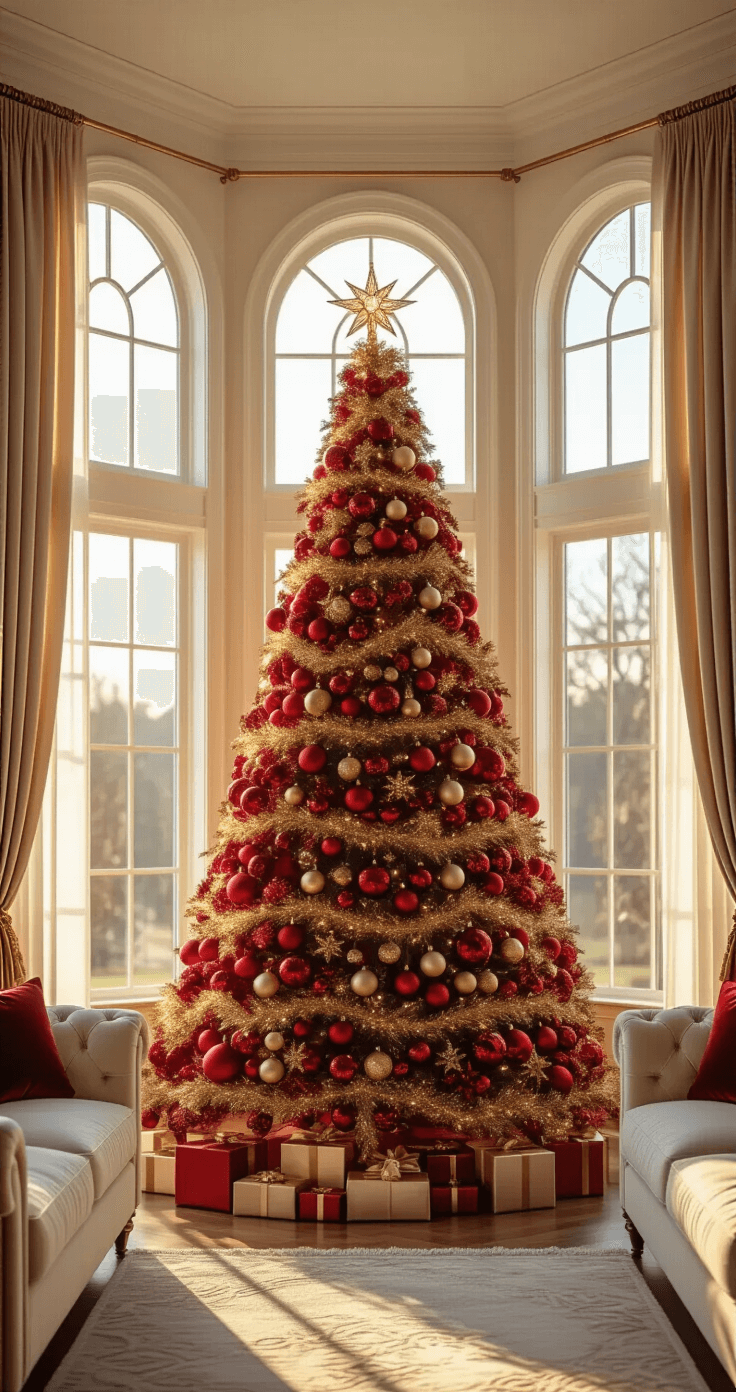 A Glamorous Red & Gold Christmas Tree: Your Ultimate Styling Guide A spacious living room decorated for Christmas, featuring a large red and gold tree in a bay window, illuminated by golden hour sunlight filtering through sheer curtains, with luxurious cream-toned velvet furniture and a dreamy bokeh effect.