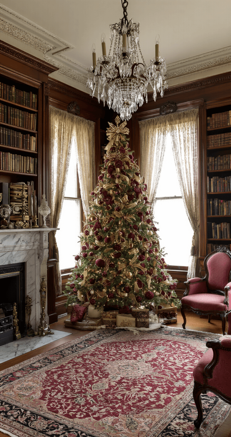 A Glamorous Red & Gold Christmas Tree: Your Ultimate Styling Guide Cozy Victorian parlor with ornate moldings, marble fireplace, and a decorated Christmas tree centered between built-in bookshelves; afternoon light filters through lace curtains, illuminating rich mahogany furniture and Persian rugs, all captured from a corner angle with a wide-angle lens.