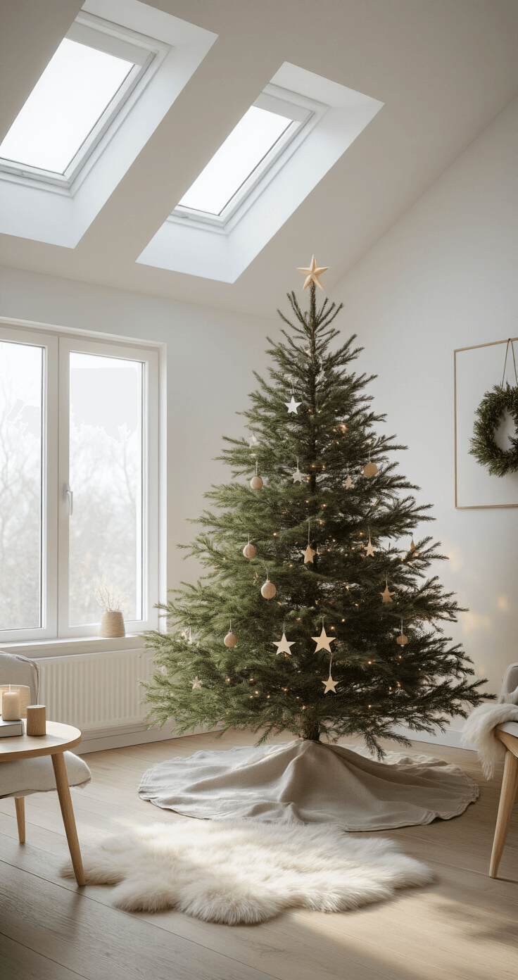Mastering the Christmas Tree Aesthetic: Your Ultimate 2025 Styling Guide A minimalist Scandinavian Christmas tree in a bright corner nook, featuring a sparse 7-foot spruce adorned with wooden ornaments, white paper stars, and tiny warm LED lights, surrounded by a raw linen tree skirt and a white sheepskin rug, with blonde wood furniture and gray accents under natural light from skylights casting soft shadows.