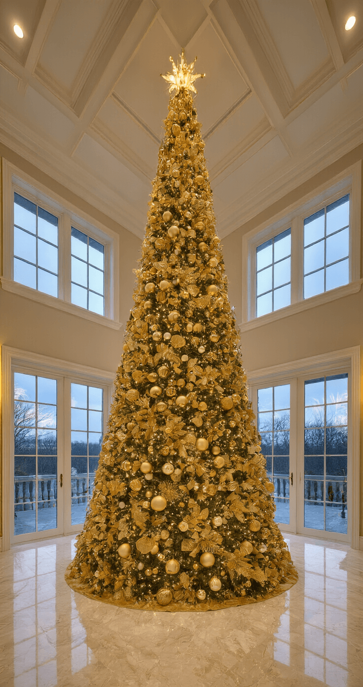 Christmas Tree Decorating in 2025: The Ultimate Guide to Festive Flair A luxurious double-height great room with a dramatic upside-down Christmas tree decorated with gold and crystal ornaments, suspended from a coffered ceiling, illuminated by warm uplighting, reflecting in a polished marble floor below.