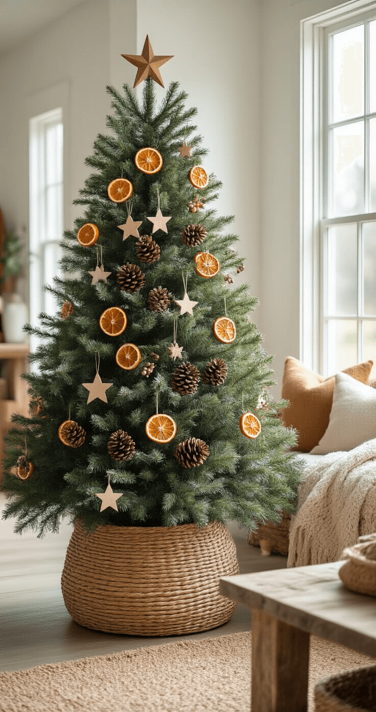 Mastering the Christmas Tree Aesthetic: Your Ultimate 2025 Styling Guide A cozy contemporary farmhouse interior featuring an 8-foot Norfolk Pine decorated with dried orange slices, pinecones, wooden stars, and biodegradable ornaments, complemented by a natural jute garland. The tree sits in a woven basket on reclaimed wood furniture adorned with organic textiles, with warm morning light streaming through east-facing windows, creating a sustainable and authentic festive atmosphere.