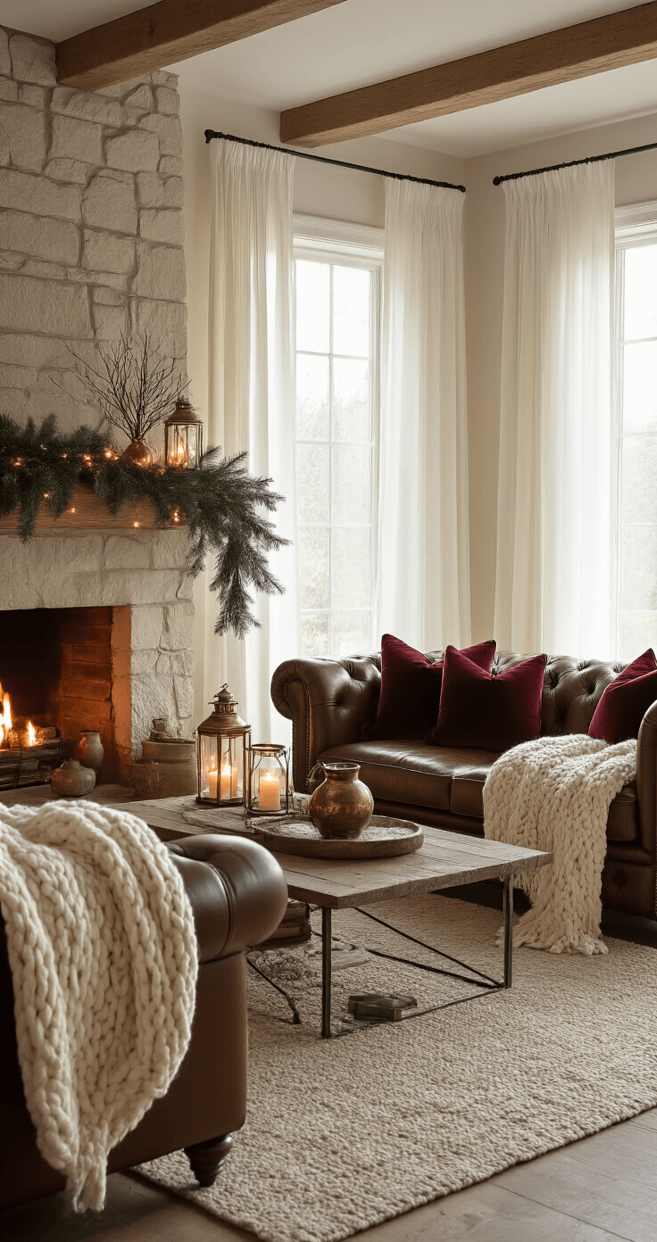 Cozy Christmas Decor: Transform Your Home into a Warm Winter Wonderland A cozy 20x15ft living room at golden hour, featuring a leather Chesterfield sofa with chunky cream throws and burgundy pillows, a stone fireplace with candlelight and pine garland, vintage brass lanterns, and a warm color palette of cognac, forest green, and cream, all captured from a low angle to emphasize depth and texture.