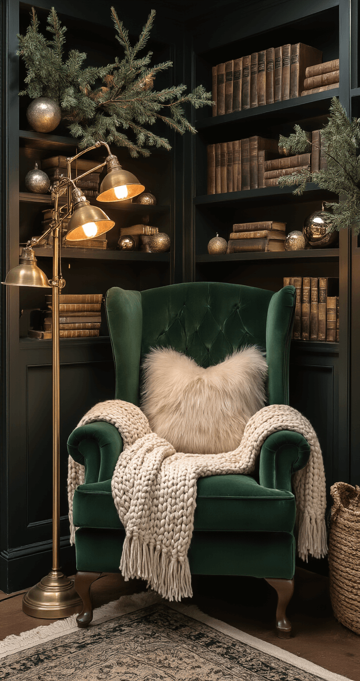 Cozy Christmas Decor: Transform Your Home into a Warm Winter Wonderland A cozy 12x12ft reading nook at dusk, featuring a deep forest green velvet wingback chair with an ivory cable-knit throw and faux fur pillows, surrounded by vintage brass floor lamps with warm Edison bulbs, built-in bookshelves adorned with wintergreen branches and mercury glass ornaments, showcasing a color palette of emerald, ivory, antique gold, and black accents in a moody setting.