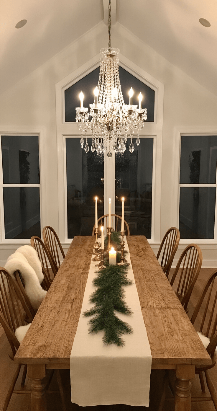 Cozy Christmas Decor: Transform Your Home into a Warm Winter Wonderland A dimly lit dining room with a cathedral ceiling, featuring a rustic harvest table dressed in cream linen and brass candlesticks, surrounded by Windsor chairs with sheepskin throws, all captured from an elevated angle. The warm glow of a crystal chandelier highlights the table's elegant setting adorned with fresh pine garland, invoking an intimate atmosphere.
