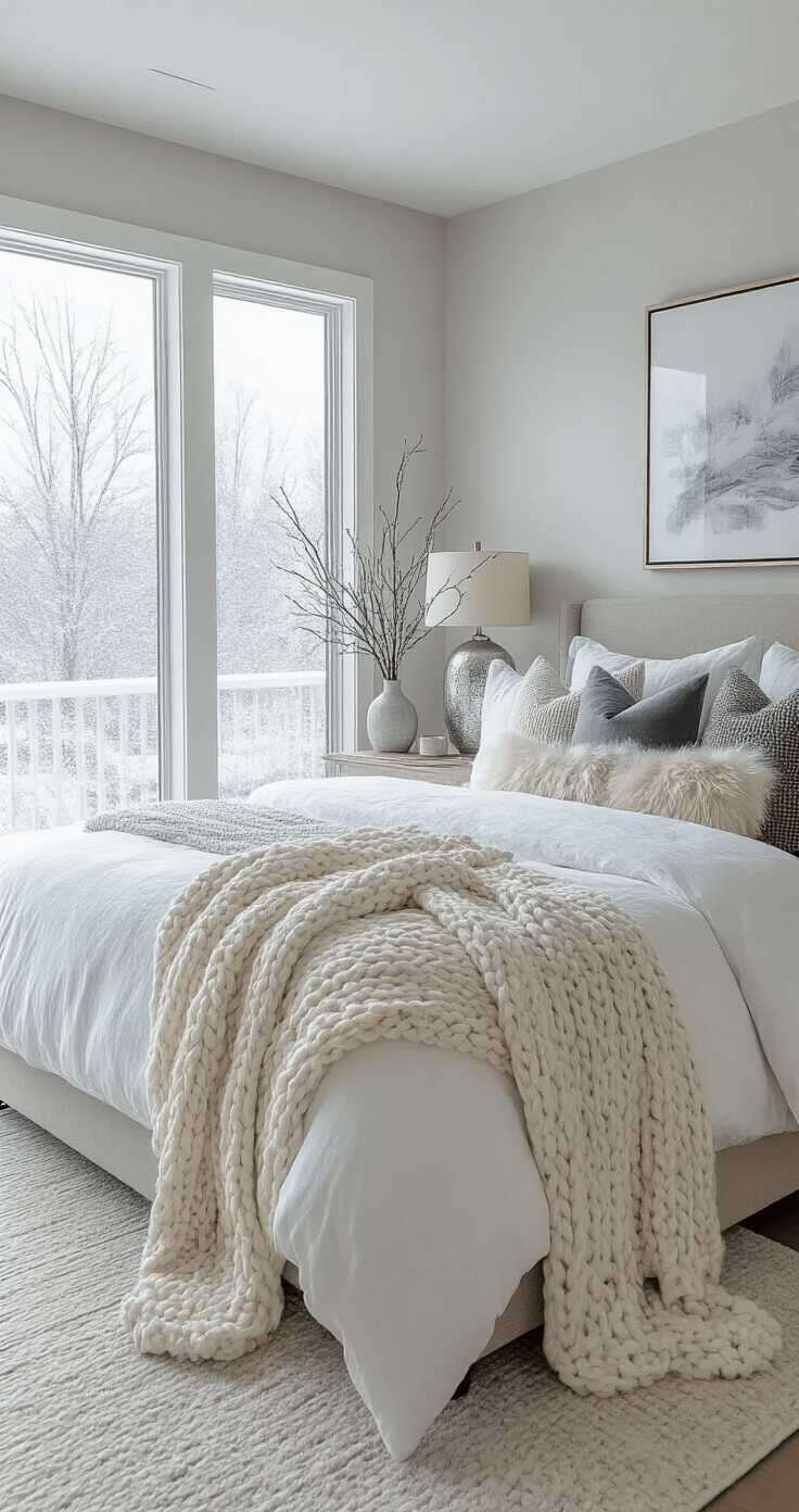 Cozy Christmas Decor: Transform Your Home into a Warm Winter Wonderland Cozy master bedroom with floor-to-ceiling windows, showcasing a king bed layered with white linen and chunky knit throws, surrounded by textured pillows. Bedside tables hold mercury glass lamps and winter branches in ceramic vases. The room is softly illuminated by natural light filtered through light snowfall, featuring warm grays, winter white, silver, and soft blue tones.