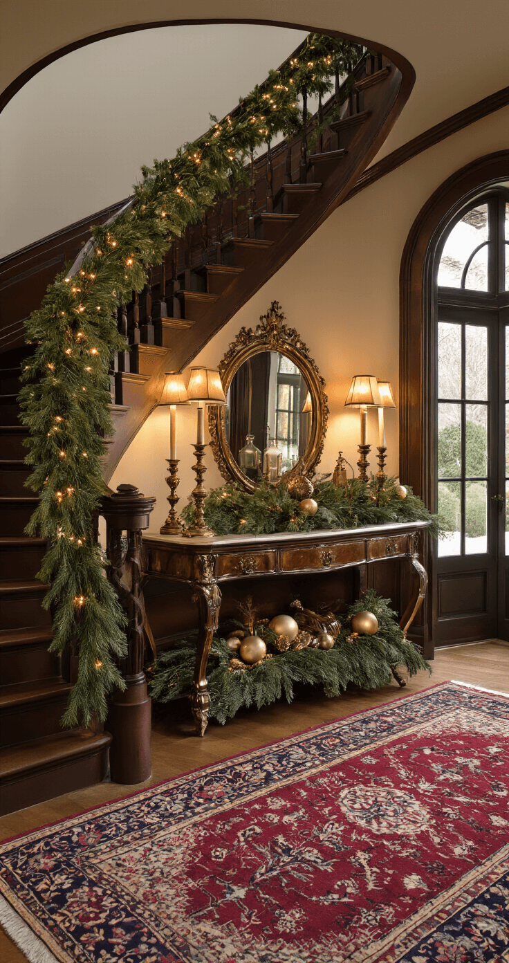 Cozy Christmas Decor: Transform Your Home into a Warm Winter Wonderland A Victorian-style entryway at sunset, featuring a curved staircase wrapped in pine garland and copper lights. An antique console table adorned with vintage brass candlesticks, mercury glass ornaments, and winter botanicals stands prominently. The scene is anchored by a deep red and blue Oriental rug, while the shot captures the view from below the staircase looking up. The rich color palette includes deep burgundy, navy, aged gold, and forest green, with dramatic side lighting highlighting the carved wood and polished brass details.