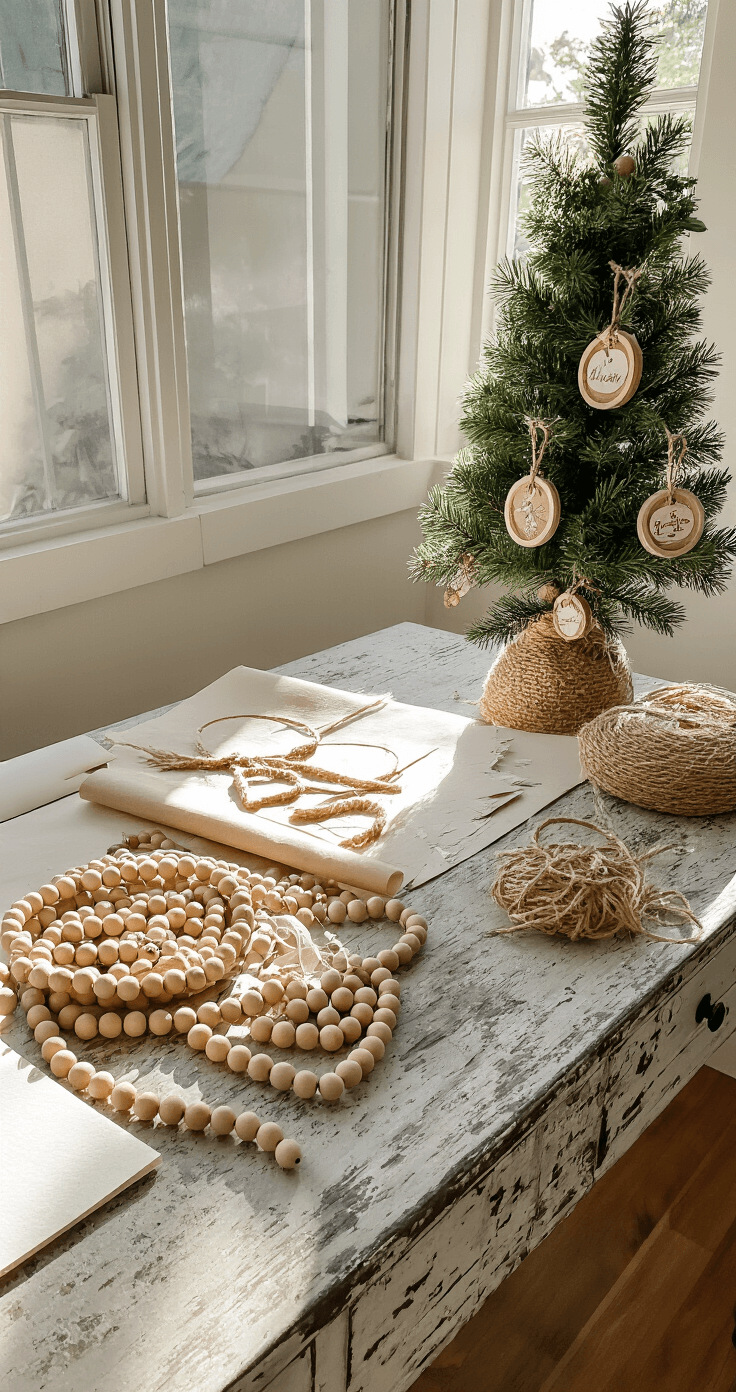 Christmas Tree Decorating in 2025: The Ultimate Guide to Festive Flair A cozy craft room with a DIY ornament workshop setup, featuring a farmhouse table covered in wooden beads, craft paper, and raffia, bathed in soft morning light. A small tree displays handmade ornaments, captured from above at a 45-degree angle.