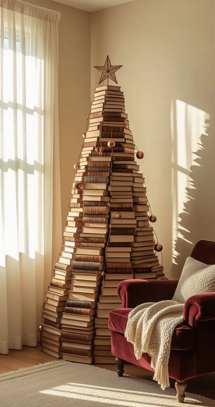DIY Christmas Tree: Create a Festive Masterpiece on a Budget A cozy living room corner at golden hour featuring a DIY Christmas tree made from stacked vintage books, warm sunlight filtering through sheer curtains, and a burgundy crushed velvet armchair with a hand-knit throw, all captured at eye level to highlight the tree's architectural details.