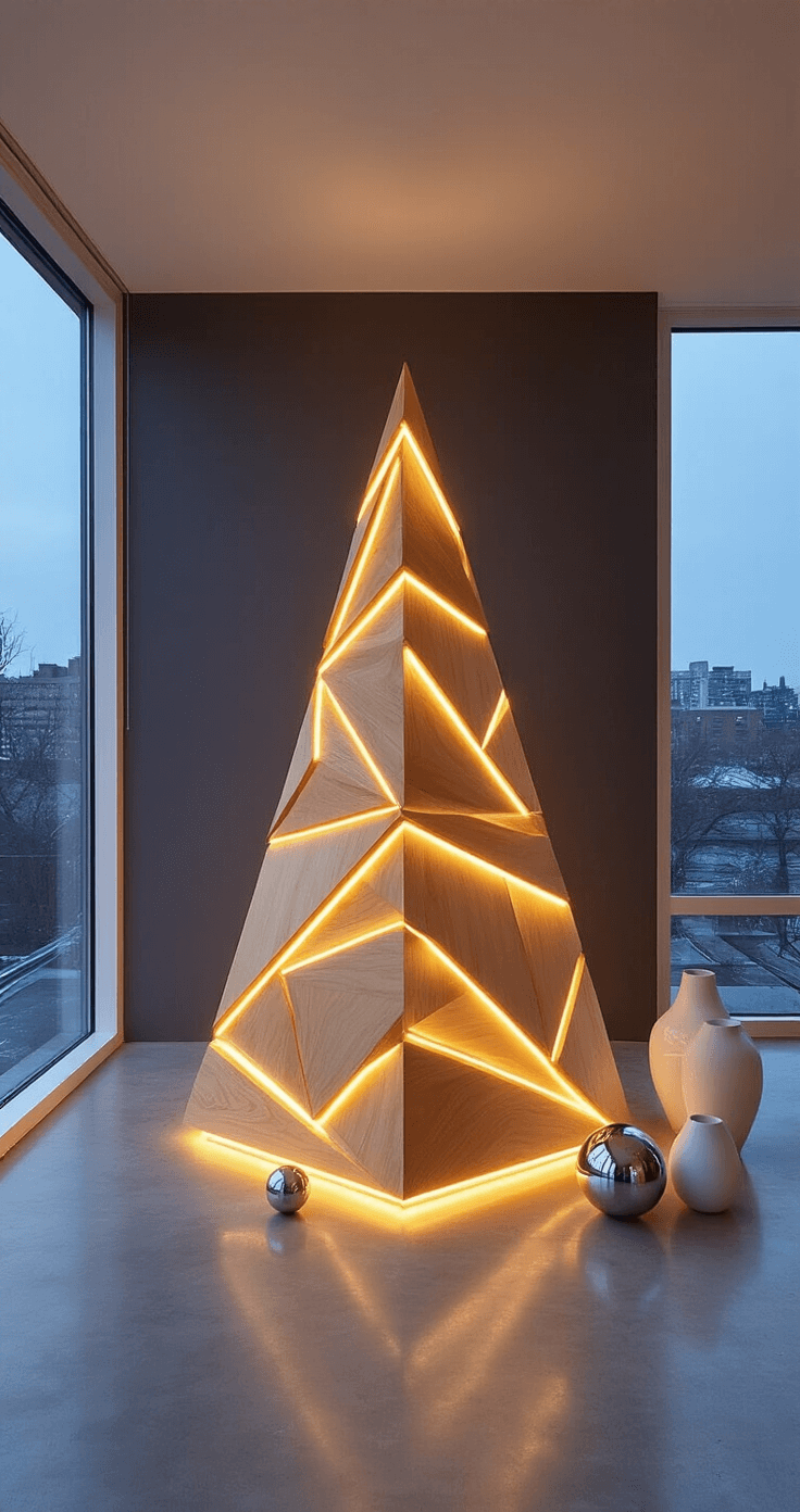DIY Christmas Tree: Create a Festive Masterpiece on a Budget A minimalist 10x12ft apartment at dusk featuring a 7ft geometric wooden Christmas tree made from blonde maple against a matte charcoal wall, illuminated by warm LED strip lighting. The scene includes floor-to-ceiling windows reflecting blue hour light and polished concrete flooring, with white ceramic vessels and metallic sphere ornaments arranged around the tree, captured from a low angle to emphasize architectural lines.