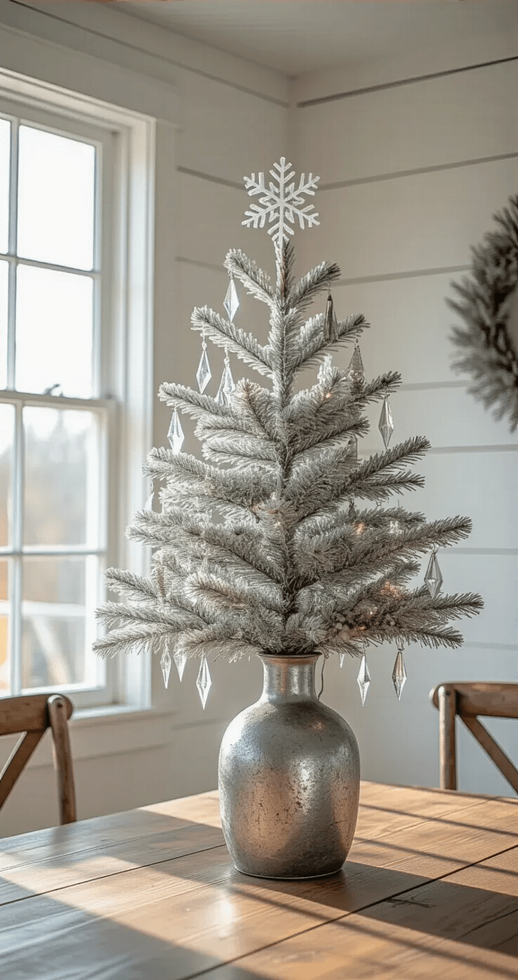 DIY Christmas Tree: Create a Festive Masterpiece on a Budget A rustic farmhouse dining room illuminated by natural light, featuring a 5ft branch Christmas tree in a tall mercury glass vase, delicate snowflakes and crystal icicles sparkling, vintage zinc ornaments, and a weathered oak dining table, all set against white shiplap walls and warehouse-style windows.