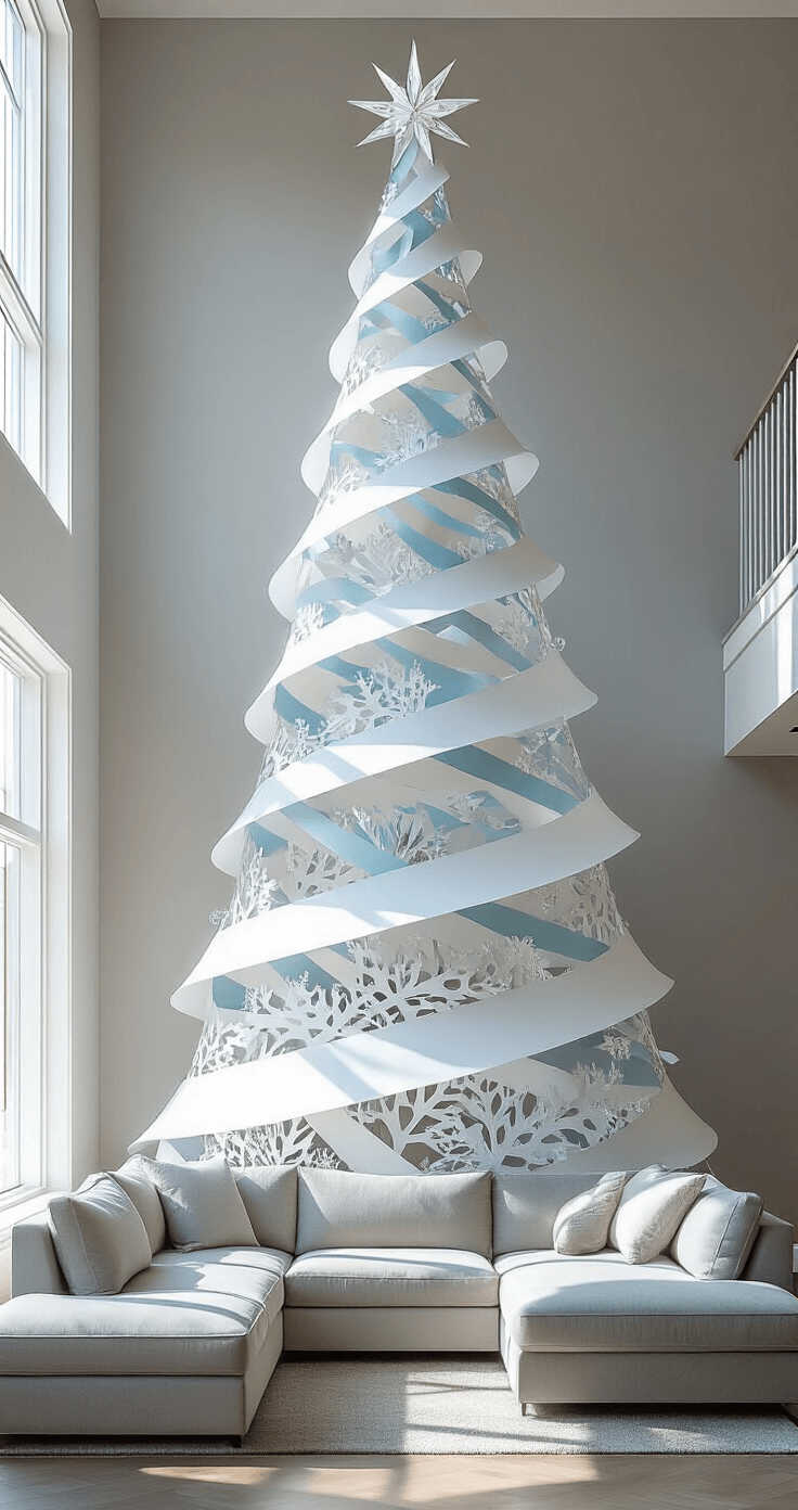 DIY Christmas Tree: Create a Festive Masterpiece on a Budget Contemporary great room with 8ft paper craft Christmas tree installation in white, silver, and ice blue, backed by dove grey wall, featuring soft afternoon light casting shadows, metallic thread and crystal beads, and a pearl grey modern sectional for scale.