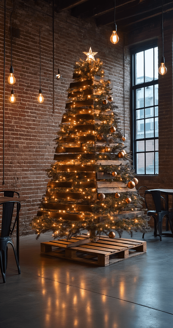 DIY Christmas Tree: Create a Festive Masterpiece on a Budget Industrial loft at twilight featuring a 6ft distressed pallet wood Christmas tree adorned with copper and iron ornaments, illuminated by vintage Edison bulbs against an exposed brick backdrop, with polished concrete floors reflecting the warm lighting and black steel furniture framing the scene, all captured from a 45-degree angle.