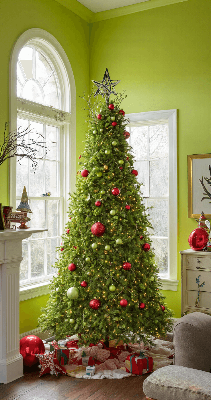 Christmas Tree Decorating in 2025: The Ultimate Guide to Festive Flair An eclectic living space featuring an 8-foot Grinch-inspired Christmas tree adorned with oversized red ornaments and whimsical Who-ville decorations, all bathed in late afternoon light that enhances the lime green color scheme, captured with a dreamy bokeh effect.