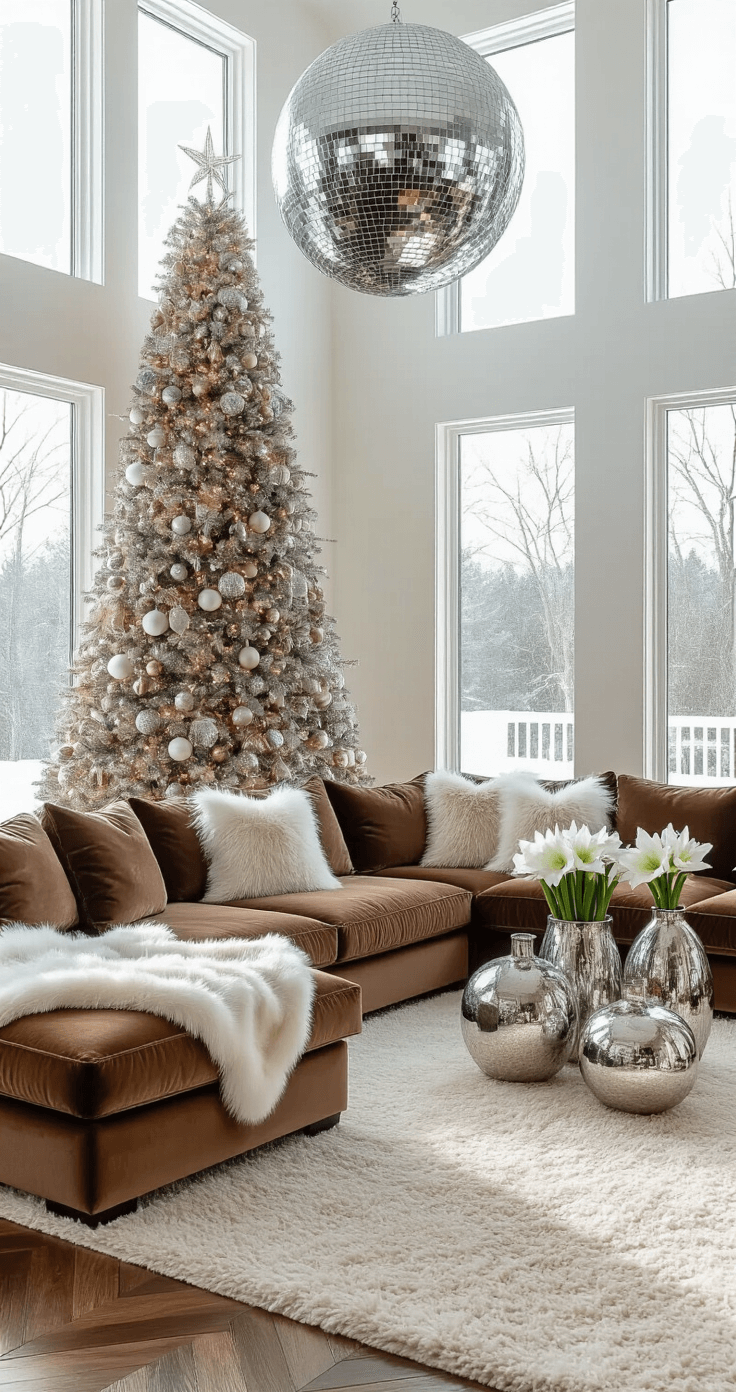 Magical Christmas Decor Ideas for 2025: Transform Your Home into a Festive Wonderland A spacious living room featuring a pre-lit 9ft Disco Ball Christmas tree adorned with metallic and crystal ornaments, illuminated by morning winter light from floor-to-ceiling windows. The mocha velvet sectional is dressed in cream and silver faux fur throws, accompanied by clustered mercury glass vases filled with white amaryllis. Herringbone hardwood floors are partially covered by a plush cream area rug, creating a cool morning ambiance with warm undertones.