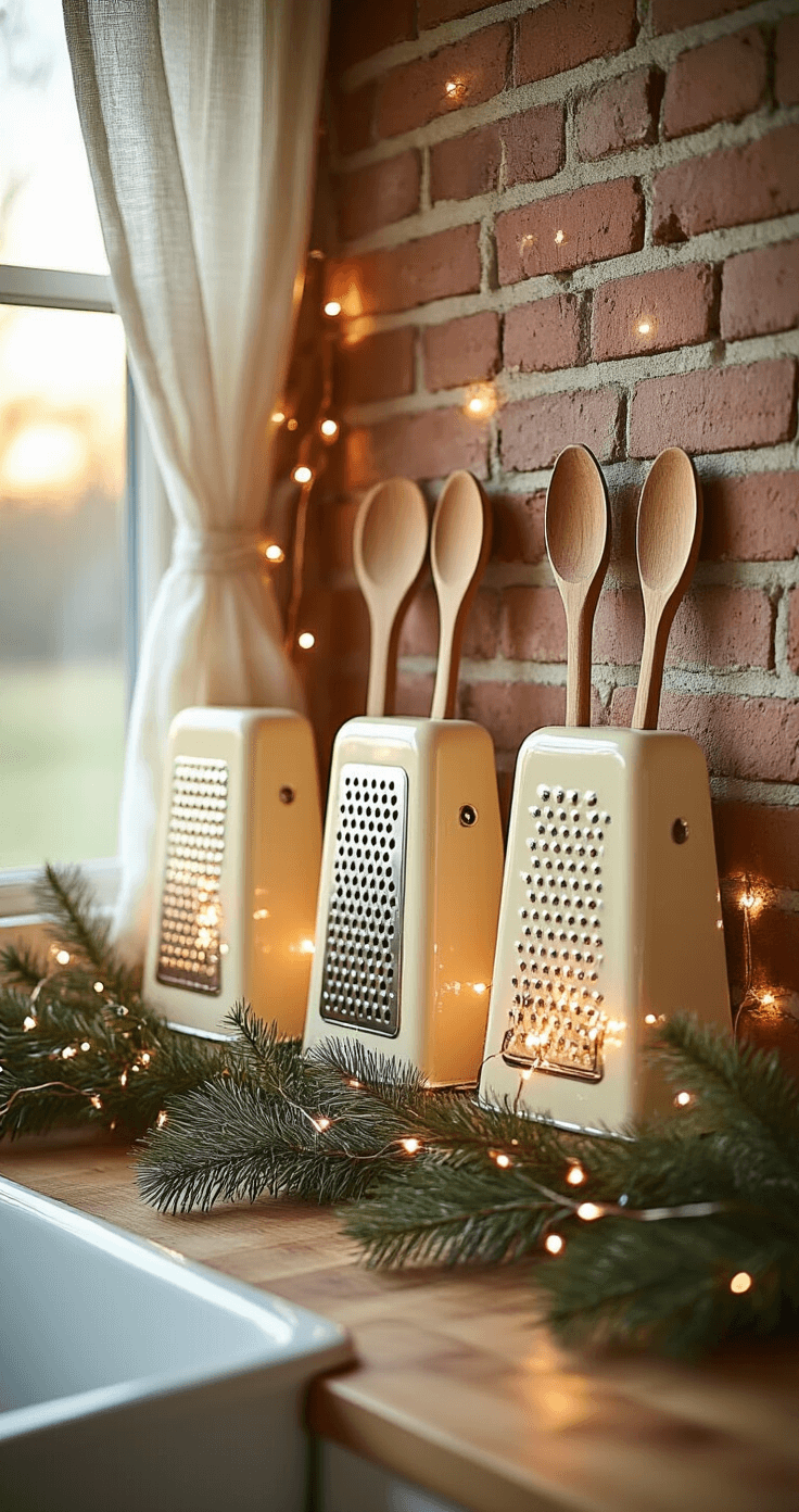DIY Christmas Decor: Budget-Friendly Magic for Festive Home Styling A vintage farmhouse kitchen corner with upcycled cream-colored cheese graters mounted on exposed brick, illuminated by warm copper mini lights. The scene features vintage wooden spoons and pine garland, with golden hour light filtering through cafe curtains, creating a rustic yet refined atmosphere.