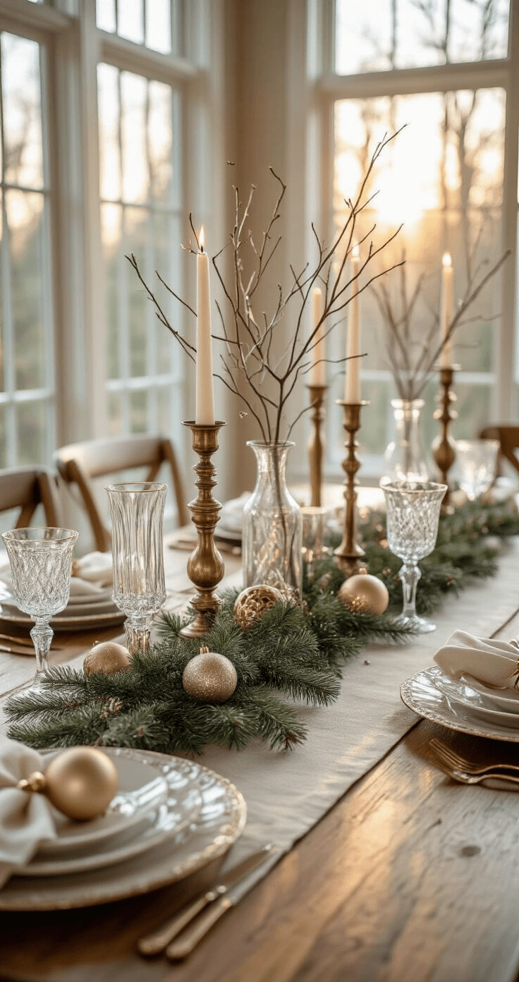 DIY Christmas Decor: Budget-Friendly Magic for Festive Home Styling A beautifully arranged thrifted holiday tablescape on an 8-foot dining table, featuring varying heights of vintage brass candlesticks and crystal vessels with white branches, layered with a neutral table runner, evergreen sprigs, and metallic ornaments, all illuminated by warm natural and practical lighting from floor-to-ceiling windows.