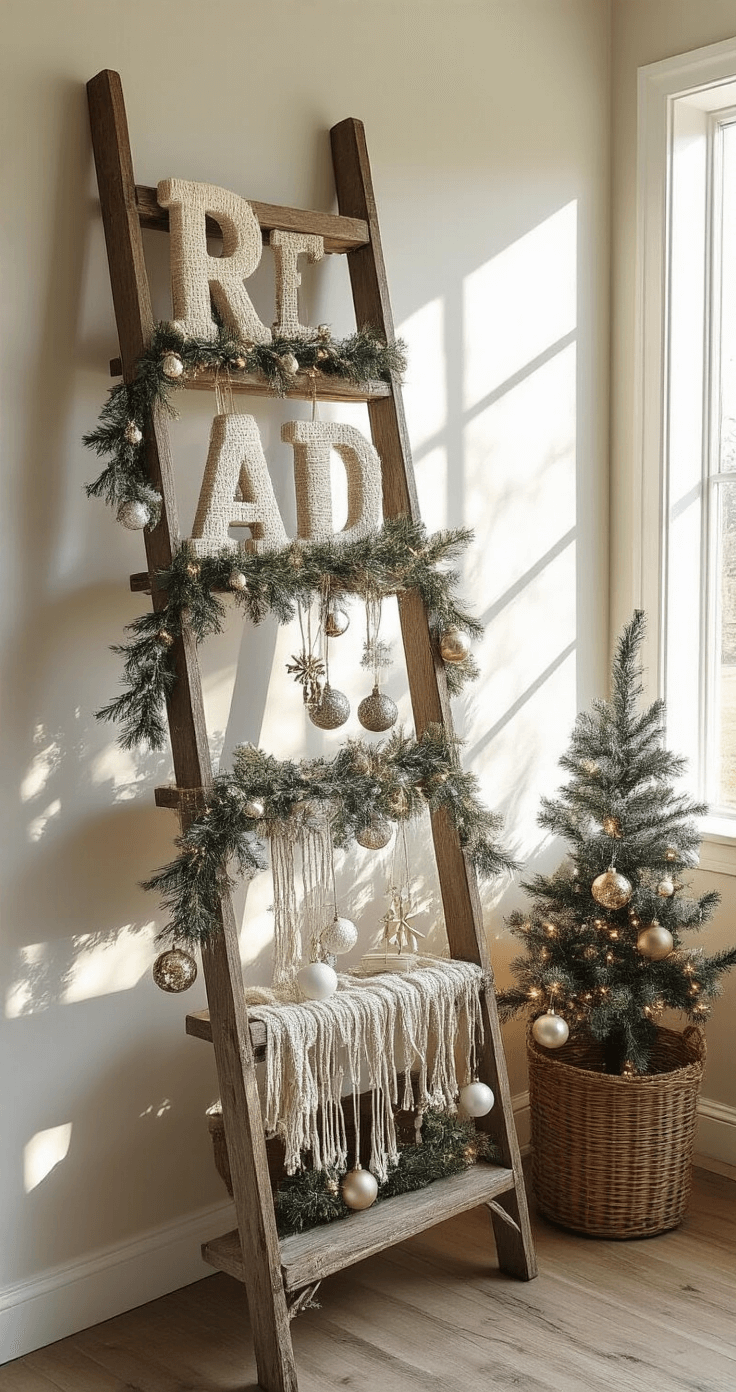 DIY Christmas Decor: Budget-Friendly Magic for Festive Home Styling A vintage wooden ladder repurposed as a holiday decor station in a corner with a 9-foot ceiling, featuring DIY elements like yarn-wrapped letters, ribbon garland, and glass ornament clusters. Afternoon light casts shadows through the ladder rungs, highlighting strong architectural lines softened by textural elements, captured from a corner angle.