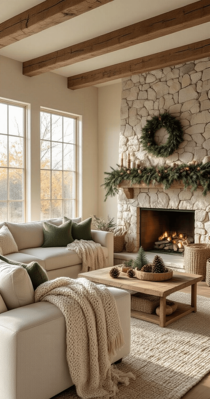 Natural Christmas Decor: Creating a Cozy, Eco-Friendly Holiday Haven Cozy living room during golden hour with rustic Christmas decorations, featuring a stone fireplace adorned with evergreen garland and dried orange slices, a cream sectional sofa, wooden coffee table with birch bundles, and warm natural lighting.