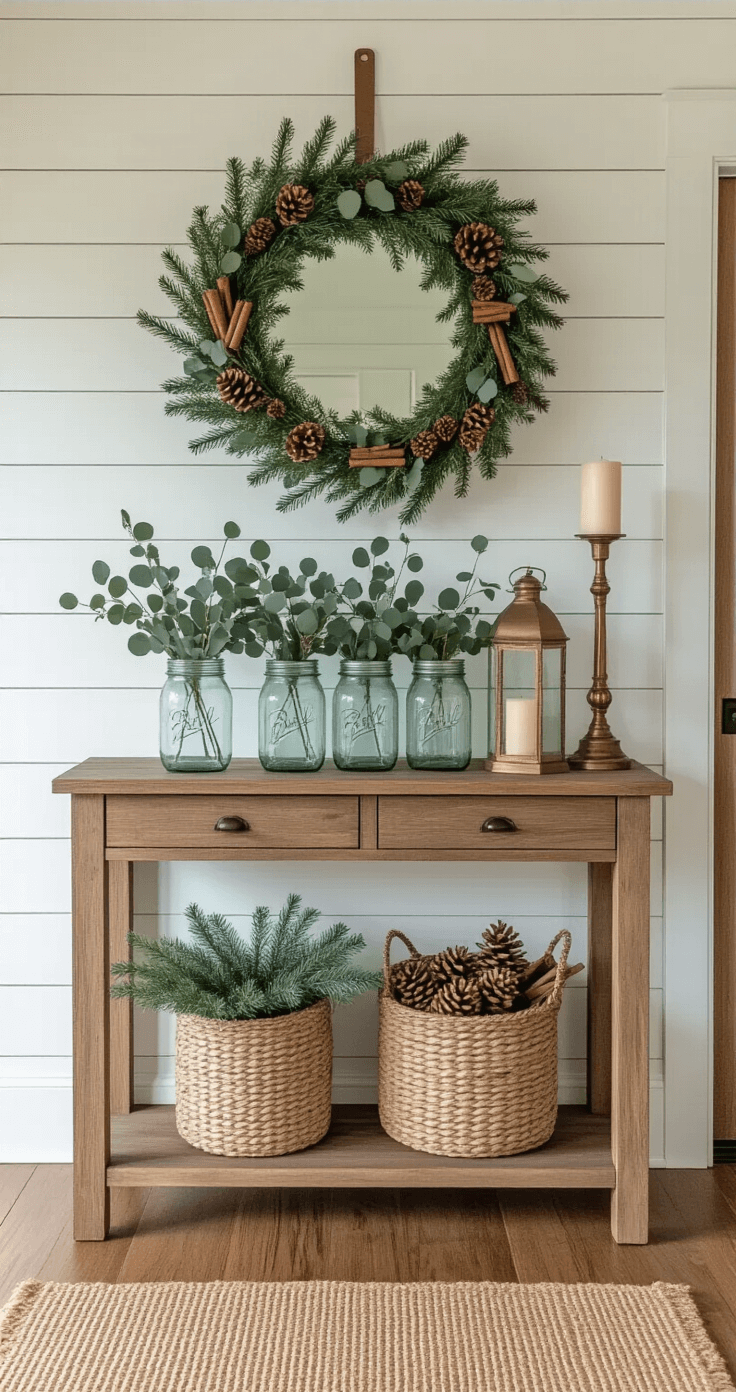 Natural Christmas Decor: Creating a Cozy, Eco-Friendly Holiday Haven An elegant entryway foyer bathed in natural morning light, featuring eco-friendly holiday decor with a rustic console table, mason jars of eucalyptus and holly, a circular mirror with a handcrafted wreath, vintage brass lanterns, weathered hardwood flooring, and a jute runner, all in a palette of sage greens and copper accents.