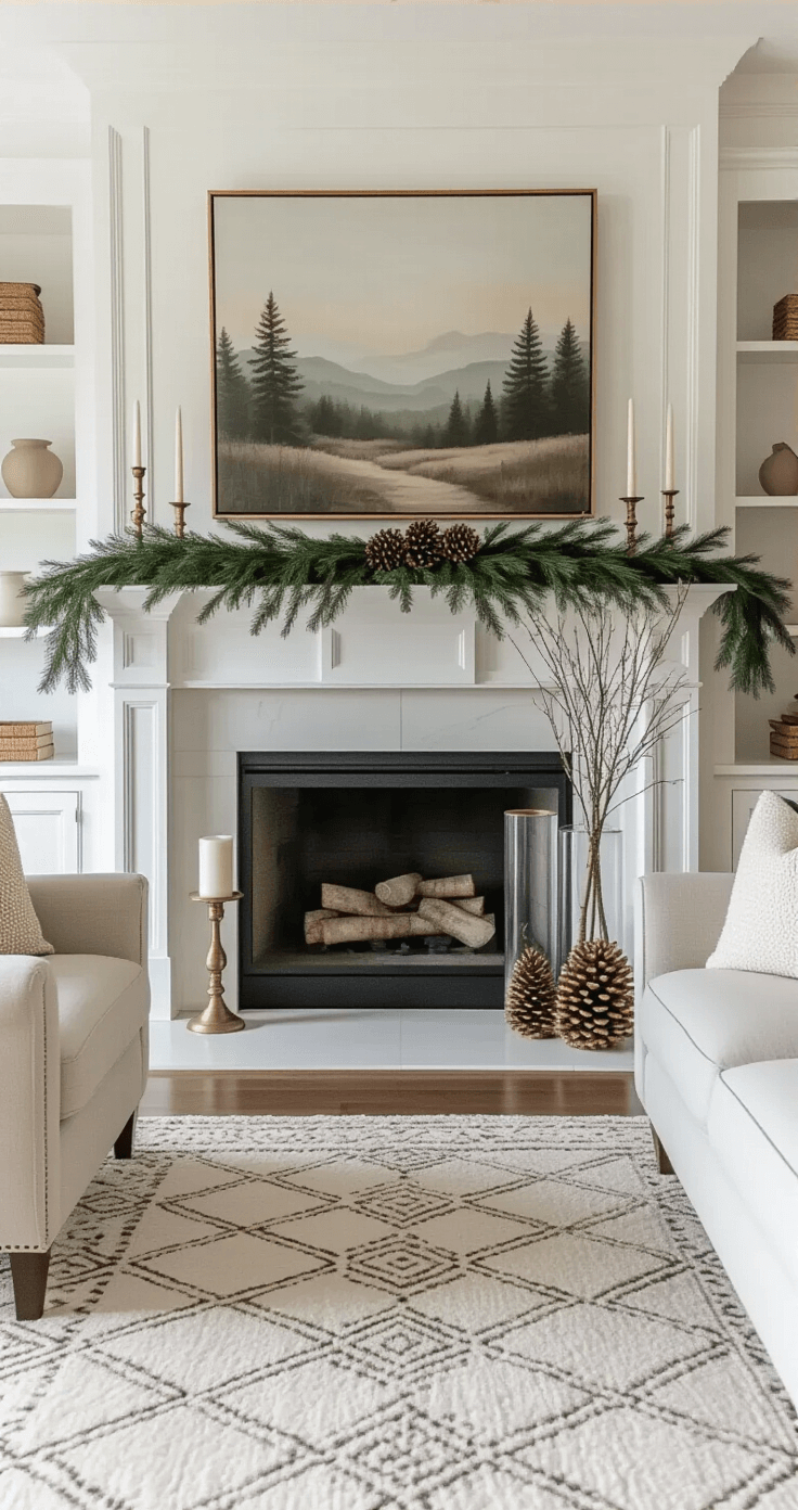 Natural Christmas Decor: Creating a Cozy, Eco-Friendly Holiday Haven Sophisticated living room mantelpiece during evening hours, featuring a white-painted fireplace adorned with evergreen garland, birch branches in glass cylinders, vintage brass candlesticks with pinecones, and flanked by built-in bookcases styled with neutral pottery and small potted evergreens; above, a large abstract landscape painting in muted earth tones, all illuminated by warm firelight and strategic table lamps, against a cream area rug.