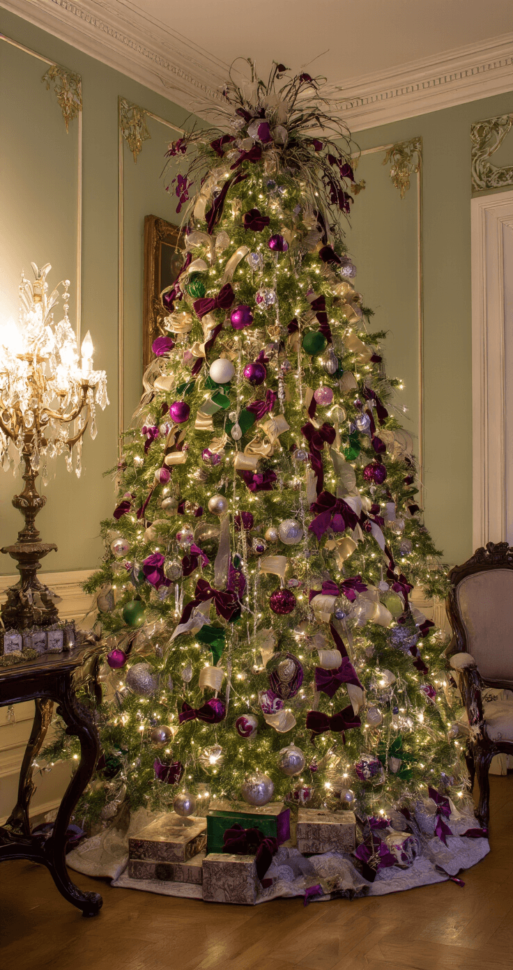 Christmas Tree Decorating in 2025: The Ultimate Guide to Festive Flair A lavish Victorian parlor at dusk, showcasing a 10-foot tree adorned with vintage and modern ornaments, surrounded by luxurious textures like velvet ribbons and antique tinsel, illuminated by a crystal chandelier, capturing the harmonious relationship between the tree and ornate period furniture.